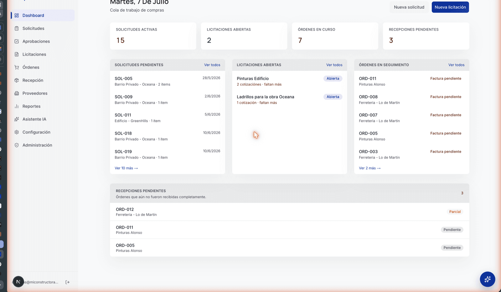 Dashboard de compras de obra en Propura: solicitudes activas, licitaciones abiertas y órdenes en curso por proyecto